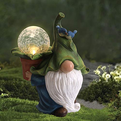 Garden Gnome Statue - Resin Gnome Figurine Carrying Magic Orb with Solar LED Lights, Outdoor Winter Decorations for Patio Yard Lawn Porch, Ornament Gift