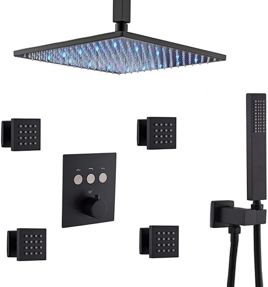 Matte Black Shower Jets System with 12inch LED Rain Shower Head and