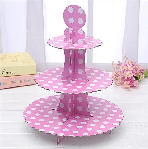 3-Tier Cardboard Party Cupcake Display Stand/ Dessert Stand/ Tea Party Pastry Serving Platter/ Food Display Stand-Big Pink Dot