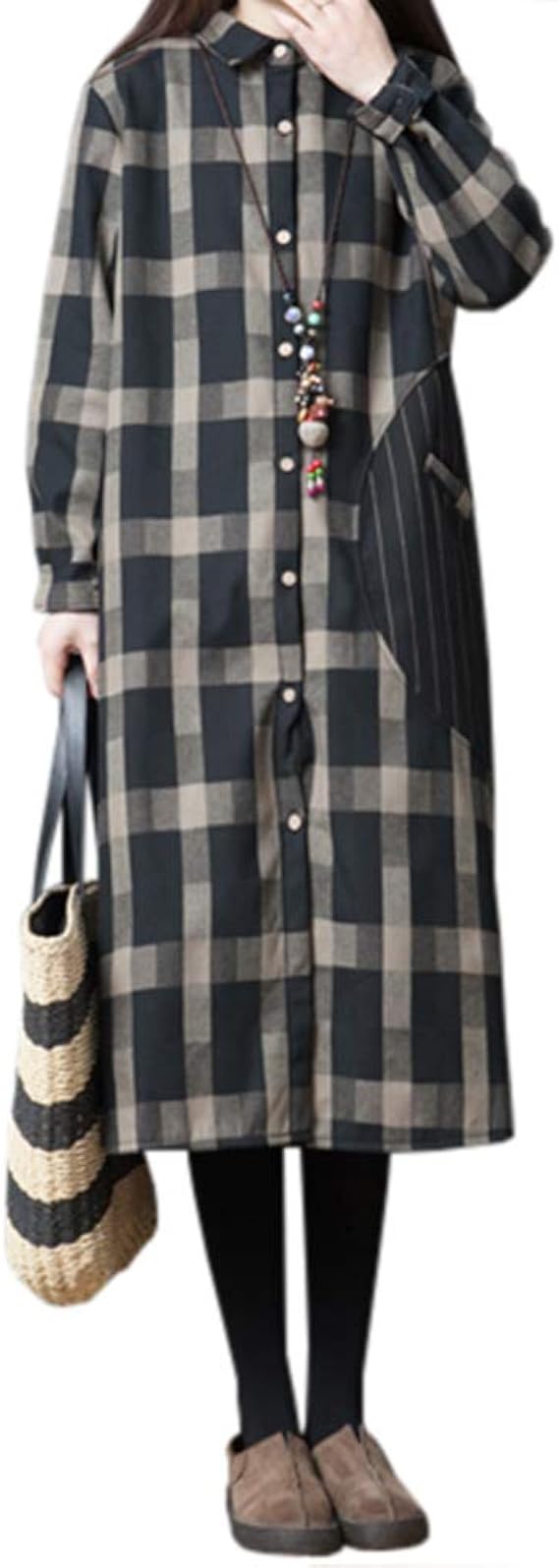 Amazon Co Jp Lht ワンピース レディース ロングスカート チェック柄 シャツ襟 ネックレスなし 体型カバー 着痩せ ゆったり カジュアル 通勤 デート 服 ファッション小物