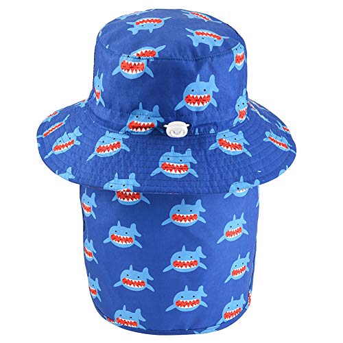 Baby Sun Hat with Removable Neck Flap - Adjustable Safari Toddler Kids Wide Brim UPF50+ Summer Bucket Hat with Chin Strap(Shark, 50cm)