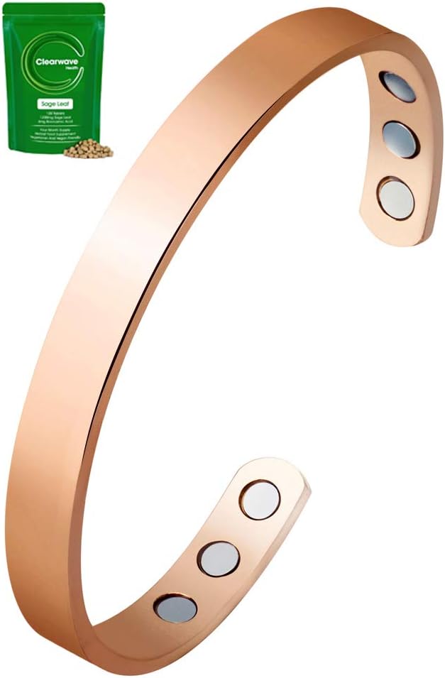 Magnetic Copper Therapy Bracelet with Free Menopause Support Sage Tablets Worth £8.99 - Helps Relieve Pain from Arthritis, Carpel Tunnel and Migraines - with Six Extra Strong Magnets