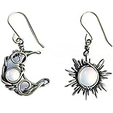 MALOYANVE Boho Opal Sun and Moon Drop Dangle Earrings Moonstone Natural Stone Hook Bohemian for Women Asymmetrical Antiqued Silver Celestial Jewelry