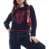 Giraropa Women Contrast Sweater Lobster/Crab/Carp Knit Sweaters Long Sleeve Crew Neck Loose Pullover Top Fall Clothes