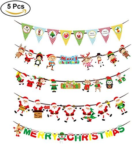 SRHOME 5 Pack 10*5 Feet Merry Christmas Pennant Flag Banners Holiday Decoration--Christmas Cardboard Bunting Hanging Decoration for Christmas,Halloween,Wedding,Birthday Party,Bedrooms