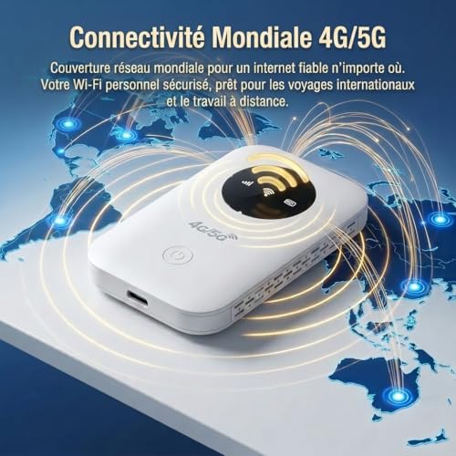 Routeur 5G Portable WiFi 6 -Modem Internet Mobile Haut Débit Déverrouillé， Point d'Accès Mobile (MiFi) pour Voyage, Batterie 2100mAh (12h Autonomie), USB-C, WPA3, Nano SIM, Plug & Play-CC