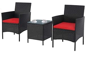 SOLAURA 3-Piece Patio Bistro Set Black Wicker Outdoor Furniture Patio Chairs with Glass-top Coffee Table (Red Cushion)
