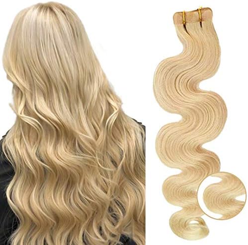 Body Wave Tape in Hair Extensions 22inches Long Curly #60 Platinum Blonde 100% Human Hair Extensions 60grams 20pcs Skin Weft Soft Silky Wave Blonde Tape in Hair Extensions