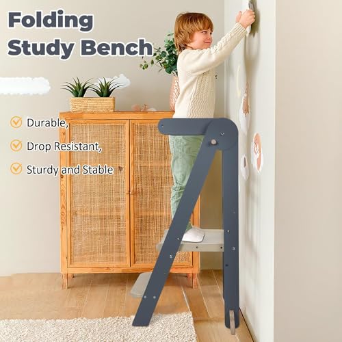 Learning Tower, Foldable Wooden Toddler Tower with Safety Rail, Kitchen Stool Helper, Standing Tower with 3 Adjustable Heights, Mother's Helper, Montessori Step Stools for Bathroom Sink