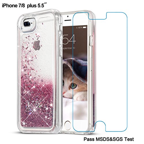 iPhone 8 Plus Case, iPhone 7 Plus Case, Maxdara [Screen Protector] Glitter Liquid Protective Bumper Case Floating Bling Sparkle Quicksand Pretty Fashion Design for Girls Children 5.5 inch (Rosegold)