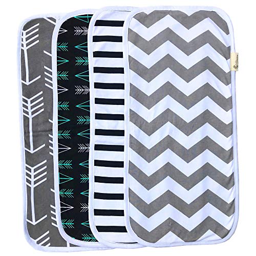 Burp Cloths for Babies, 20â€ by 10â€ 3 Layers, Cotton Plus Absorbent Fleece, Grey Wave Black Stripes Arrows Set, 4 Pack