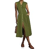Wenrine Womens Summer Smocked Midi Dress Casual Zipper V Neck Cap Sleeve High Slit Flowy Long Dresses