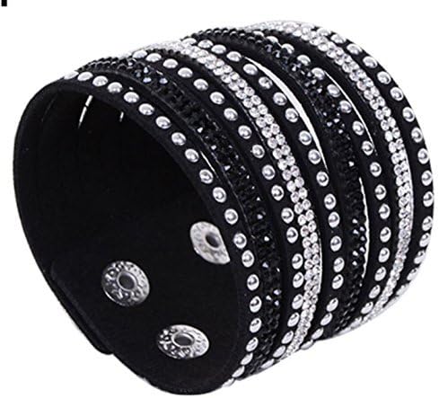 Fashion Women Multilayer Wrap Rivet Rhinestone Suede Cuff Wristband Bracelet Black