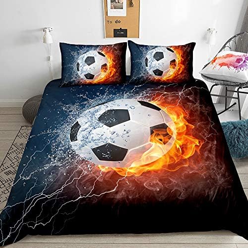Merryword Soccer Bedding Sports Duvet Cover Set Orange Water Flame Soccer Design Black Kids Teens Bedding Sets Queen 1 Duvet Cover 2 Pillowcases (Queen, Soccer)