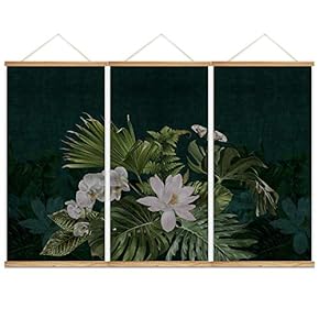 Hanging Poster NO Magnetic Wooden Framed,Green Leaves,Beautiful Flowers Home Wall Canvas Prints Decoration Ready to Hang - 18"x36"x3 Panels