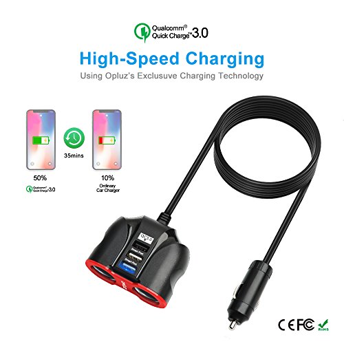 QC3.0 Car Charger with Extension Cable, Multi Car Charger Cigarette Lighter, 3 USB (QC3.0x1+Smart Socketx2)+2 Socket Car Splitter+90mm Cable for GPS/iPhone/Samsung Cell Phone