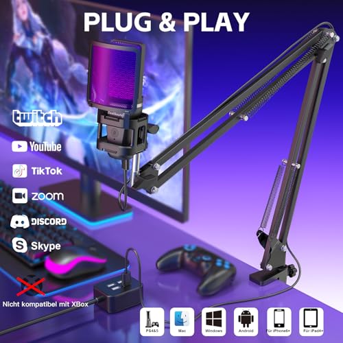 zealsound USB Gaming Microphone with Boom Arm & Table Tripod (2 Stands), Plug and Play Podcast Microphone for PC & Mobile Phone, with Tap-to-Mute, Gain Control, Monitoring, for Streaming, Discord, Zoom