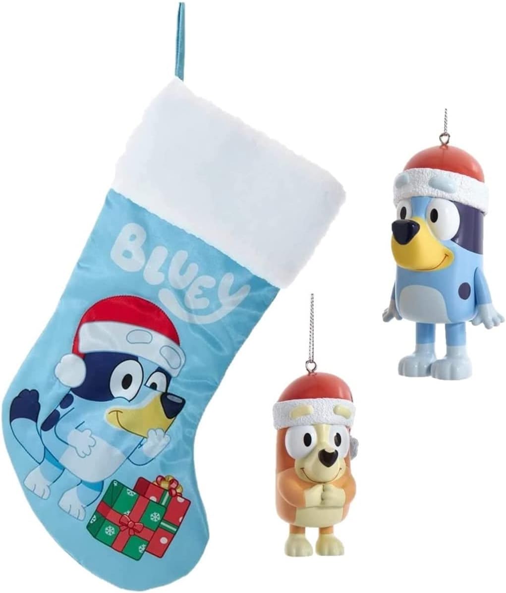 Stockings & Holders - Kurt Adler Bluey & Bingo Christmas Ornaments and Stocking Set of 3-2 Holiday Tree Ornaments & Stocking - Officially Licensed - Gift for Kids