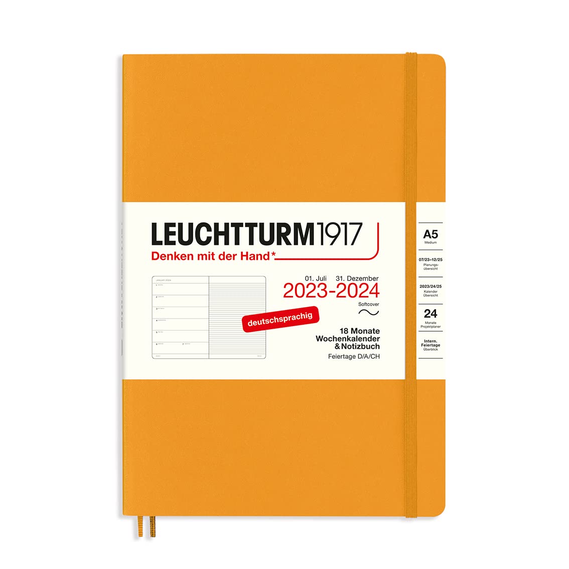 LEUCHTTURM1917 367863 Weekly Calendar & Notebook Softcover Medium (A5) 2024, 18 Months, Rising Sun, German