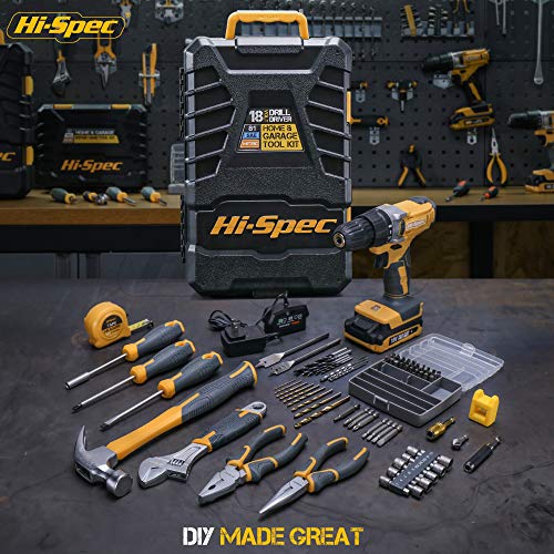 HiSpec 81Piece 18V Cordless Drill Driver and Home Tool Kit, Drill Set