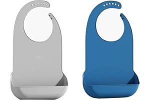 Large Adjustable Waterproof Silicone Adult Bib with Deep Crumb Collection Pocket, Soft Reusable Bib for Elderly Eating (Grey,