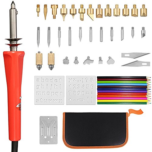 Afantti 50 Pcs Wood Burning Pen Kit Electric Professional Woodburning Tool Pyrography Creative Woodburner Set for Adult Starter Beginner Crafts with Case | 33 Tips | 2 Stencils | 12 Colored Pencils