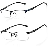 CARA 2 Pack Reading Glasses Men Ultra Lightweight Metal Half Frame Flexible TR90 Temples Blue Light/UV400 Protection Computer Readers(Black+Blue, +2.50)