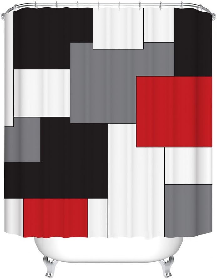 Fangkun Fashion Shower Curtain - Polyester Fabric Black Red Geometric Bathroom Curtains Decoration Set - 12pcs Shower Hooks - 72 x 72 inches