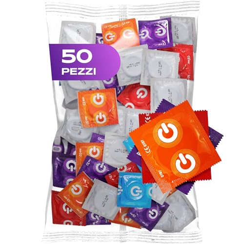 Mix di preservativi | 50 pezzi | Preservativi premium 7 tipi & dimensioni con larghezza 54 mm | 10x extra sottile, naturale & a puntini | 5x extra forte, con fragola, banana, cioccolato