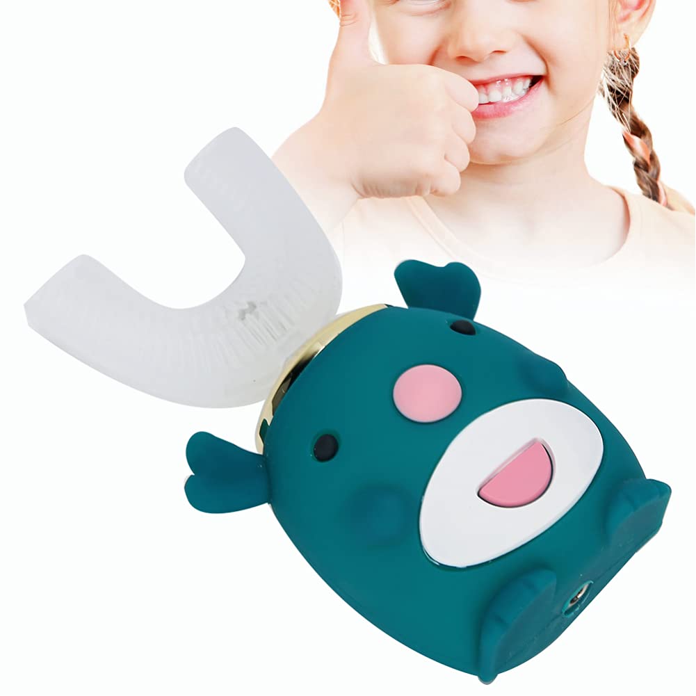U-Shaped Kids Automatic Toothbrush，5-Speed Cleaning Cute Cartoon Specially Designed for for Electric Toothbrushes Toothbrush Toddlers(Green 6-14 Years Old)
