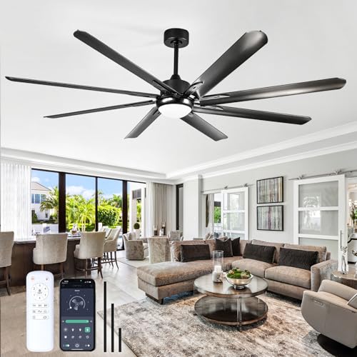 XSXUDODP Ceiling Fans 185 cm with Light, Outdoor White Ceiling Fan with Lighting and Remote Control, 8 Aluminum Blades, 6 Speed, Reversible DC Motor, Black