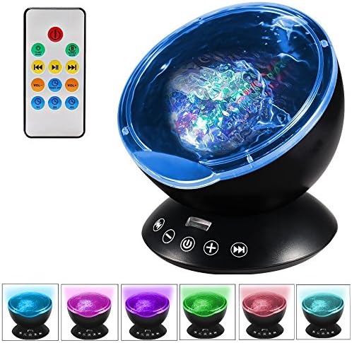 Night Light Ocean Wave Projector with Ocean Sounds, YTOM Remote Control 12 LED &amp; 7 Colors Ocean Lamp with Built-in Mini Music Player for Living Room and Bedroom (Black)