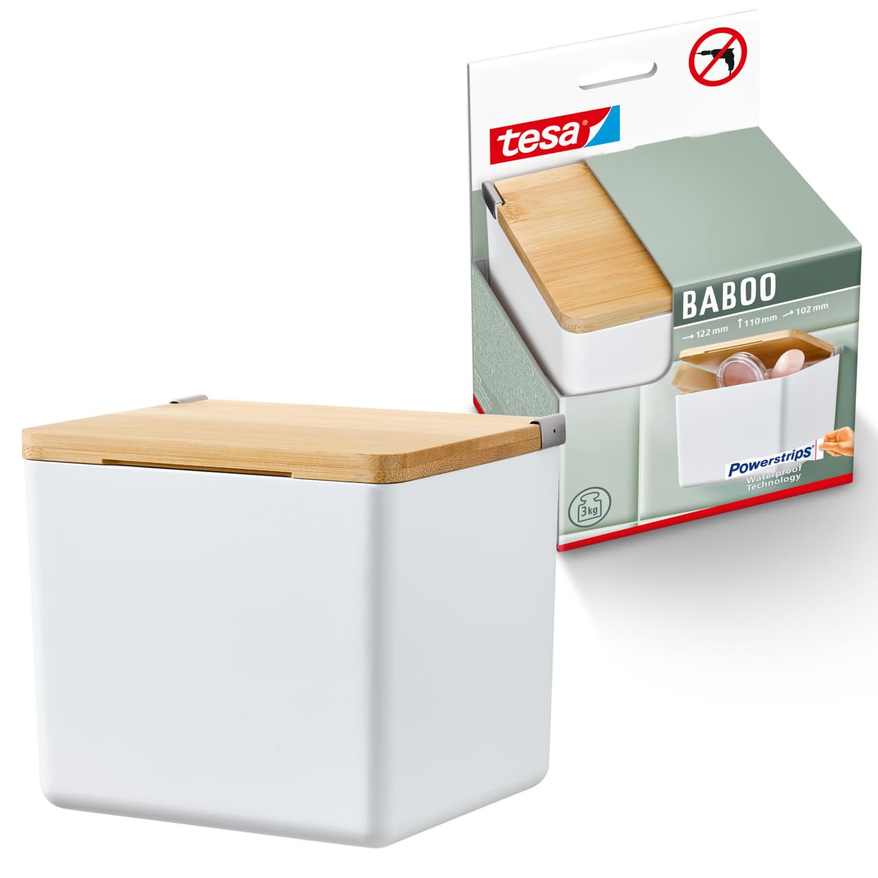 tesa Baboo S Bathroom Organiser with lid, matt-white - Square storage box, for wall mounting without drilling, incl. tesa Powerstrips Waterproof Strips XL - 122 mm x 110 mm x 102 mm