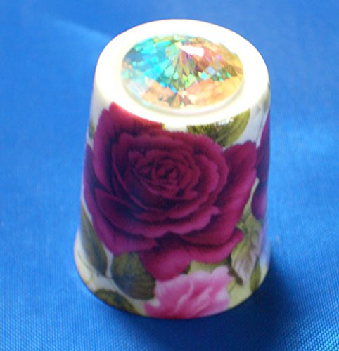 Porcelain China Thimble -- Deep Red Rose with Swarovski Crystal Setting