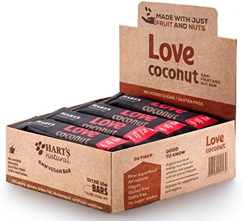 Harts Natural Love Coconut Energy Fruit Bar Gluten FREE Lactose FREE High Fiber Vegan Coconut &amp; Brazil Nuts 1.2 Ounce (Display with 12 Units)