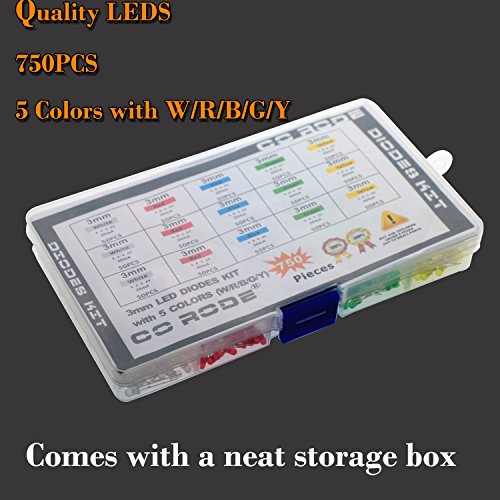 CO RODE 750pcsX3mm LED Light Emitting Diodes, 3mm Diffused LED Blubs Assortment Kit DIY Decorate Lights (White Red Yellow Blue Green, 5 Colors x 150pcs)
