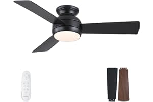 POCHFAN 42 Inch Ceiling Fans with Light and Remote, Low Profile Black Ceiling Fan with Quiet DC Motor, Dimmable 6 Speeds Reversible LED Modern Flush Mount Ceiling Fan for Bedroom, Living Room
