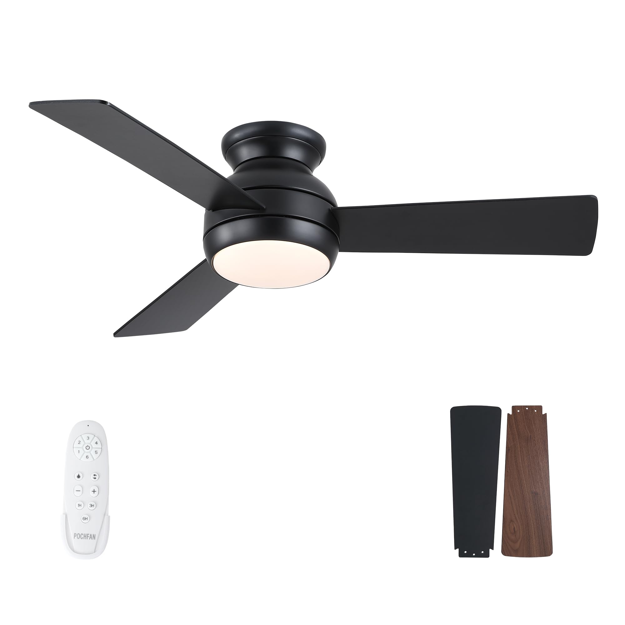 Photo 1 of POCHFAN 42 Inch Black Ceiling Fans with Lights and Remote, LED Low Profile Flush Mount Ceiling Fan with Quiet DC Motor, Dimmable 6 Speeds Modern Ceiling Fan for Bedroom, Living Room, Patio