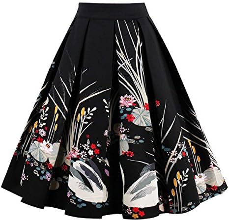 Dresstore Vintage Pleated Skirt Floral A-line Printed Midi Skirts with Pockets