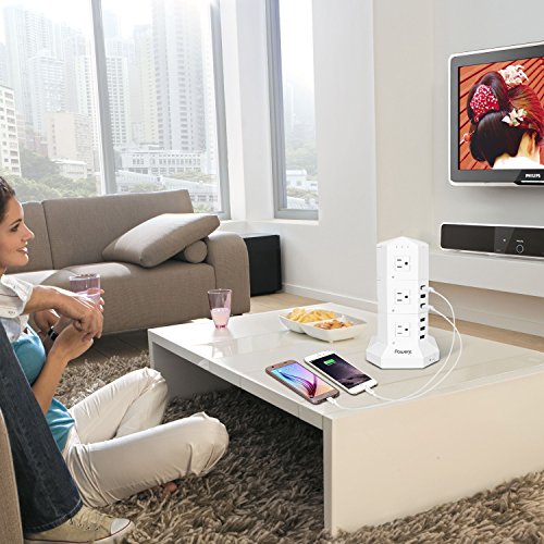 Power Strip USB Surge Protector Tower 12 AC Outlets with 6 USB Ports Chargers White-Powerjc - Thumbnail 6