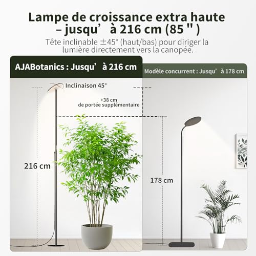 AJABotanics 60W LED Horticultural Lamp on Foot, Full Spectrum Indoor Plant Lamp, Adjustable Height up to 216 cm, for Large Plants, Remote Control, Timer 4H/8H/12H