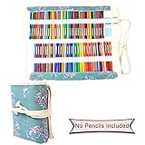 Damero Canvas Wrap for 72 Colored Pencils, Pencil Holder Case Roll Multi-purpose Pouch for School Office Art Craft, Pencil Bag for Travel (Pencils Not Included) Plum Flowers