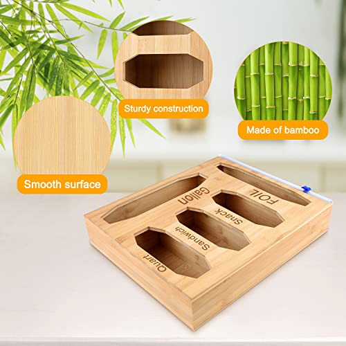 Ziplock Bag Storage Organizer Wrap Dispenser - Aluminum foil Dispenser with Cutter Labels,Bamboo Organizer, Compatible with Gallon, Quart, Sandwich and Snack Variety Size Bag