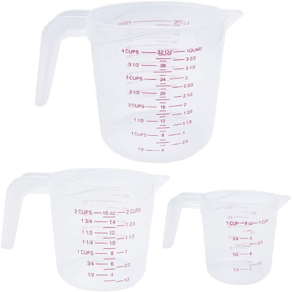 3 Pack Plastic Measuring Cup Set,4/2/1 Cup Capacity Clear Measuring Jugs,BPA-free Stackable Measuring Cups with Handle Grip and Spout for Measure Liquid,Cooking,Baking