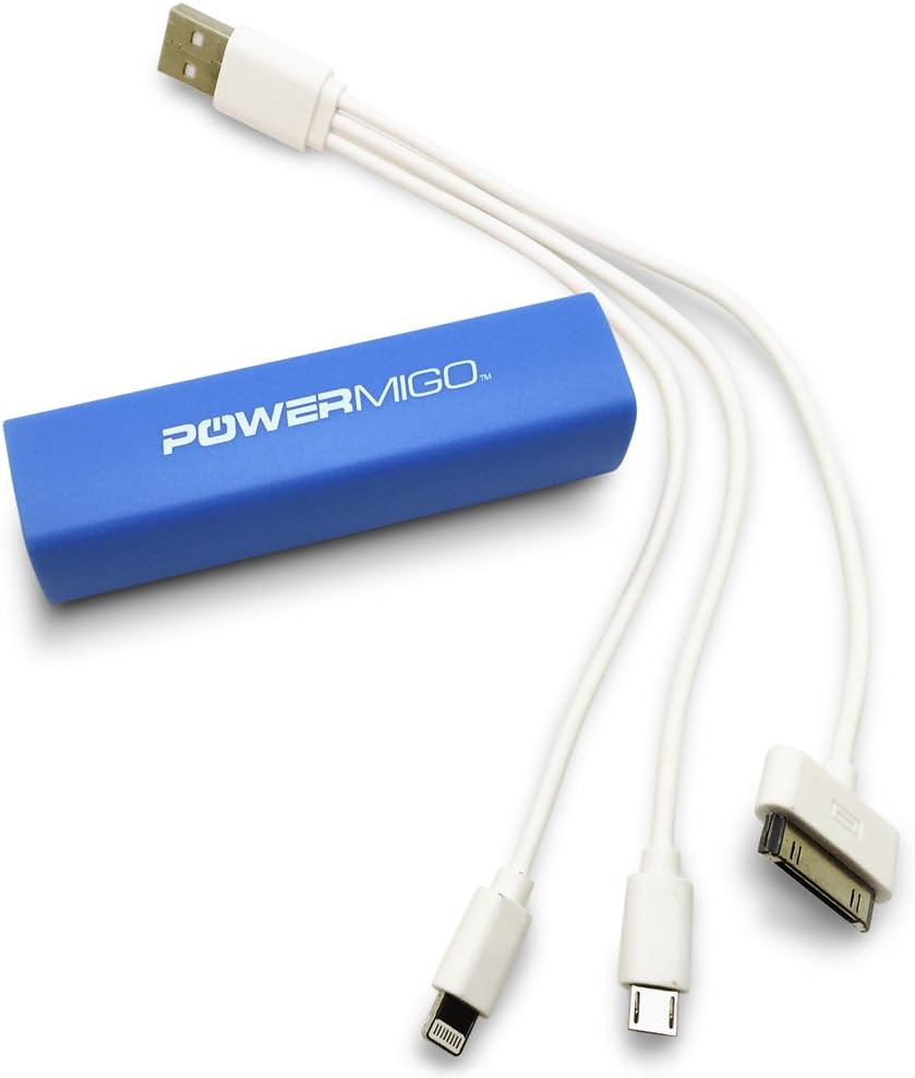 PowerMiGo Lipstick-Sized External Battery 2200mAh Power Bank - Free Carrying Case and Charge Cable - Compatible with Most Smartphones Including iPhone,Samsung Galaxy, HTC, LG (Blue + 3in1 Cable)