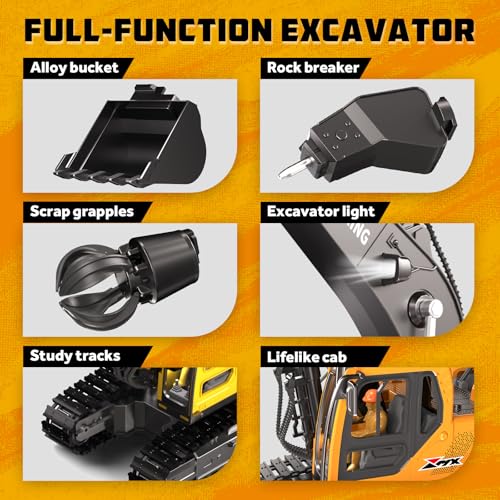 GraceDuck RC Excavator Toy 3 in 1 Remote Control 2.4GHz - Beach and Construction Toys with Alloy Shovel, Crusher and Claw, 680° Spin, Construction Vehicle for Kids Ages 6-12