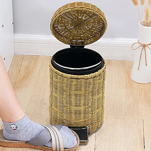 Wicker Trash Can with lid Bathroom, Rattan Step Trash Can for Kitchen Home, 5 Liter Silent