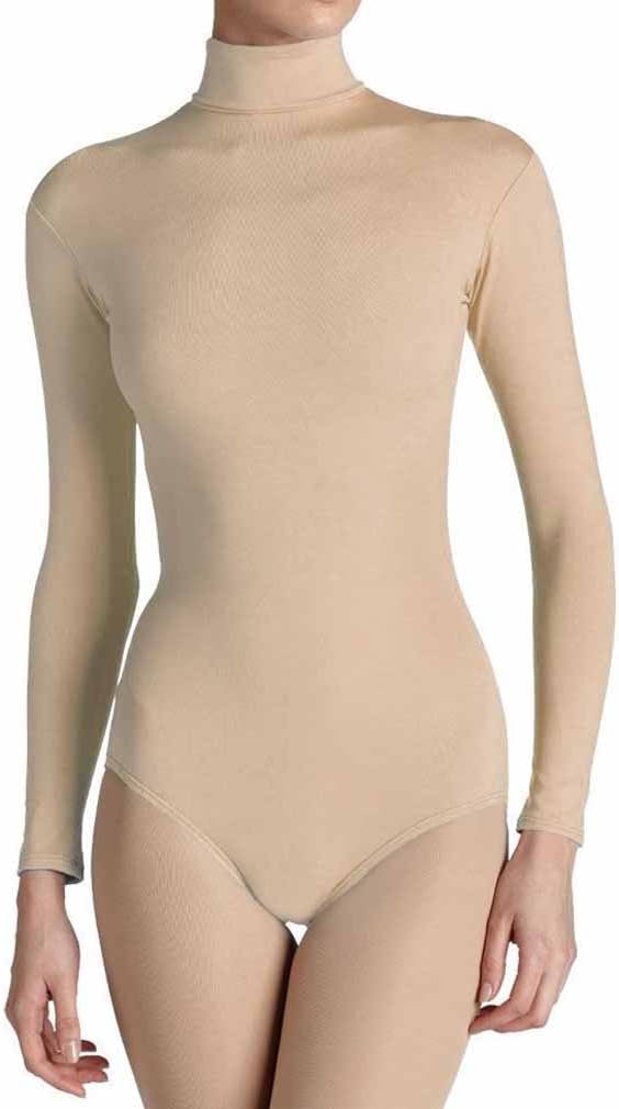 LADIES TURTLENECK LONG-SLEEVE STRETCH QUALITY LEOTARD/BODYSUITS (Small UK-8/10, Tan)