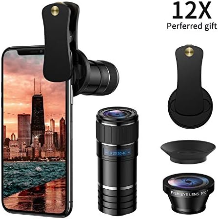 iPhone Camera Lens,ARORY Phone Lens- 12X Telephoto Lens + Fisheye Lens, Universal Clip-On Cell Phone Lens for iPhone 8, 8 Plus, 7, 7 Plus, 6, 6s, Samsung Most Smartphone