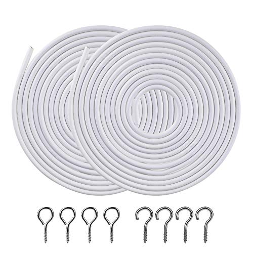 OOTSR [2 Pack] White Curtain Wire, Plastic Coated Window Curtain Wire, Picture Hanging Wire with 8 Pairs of Screw Eyes and Hooks